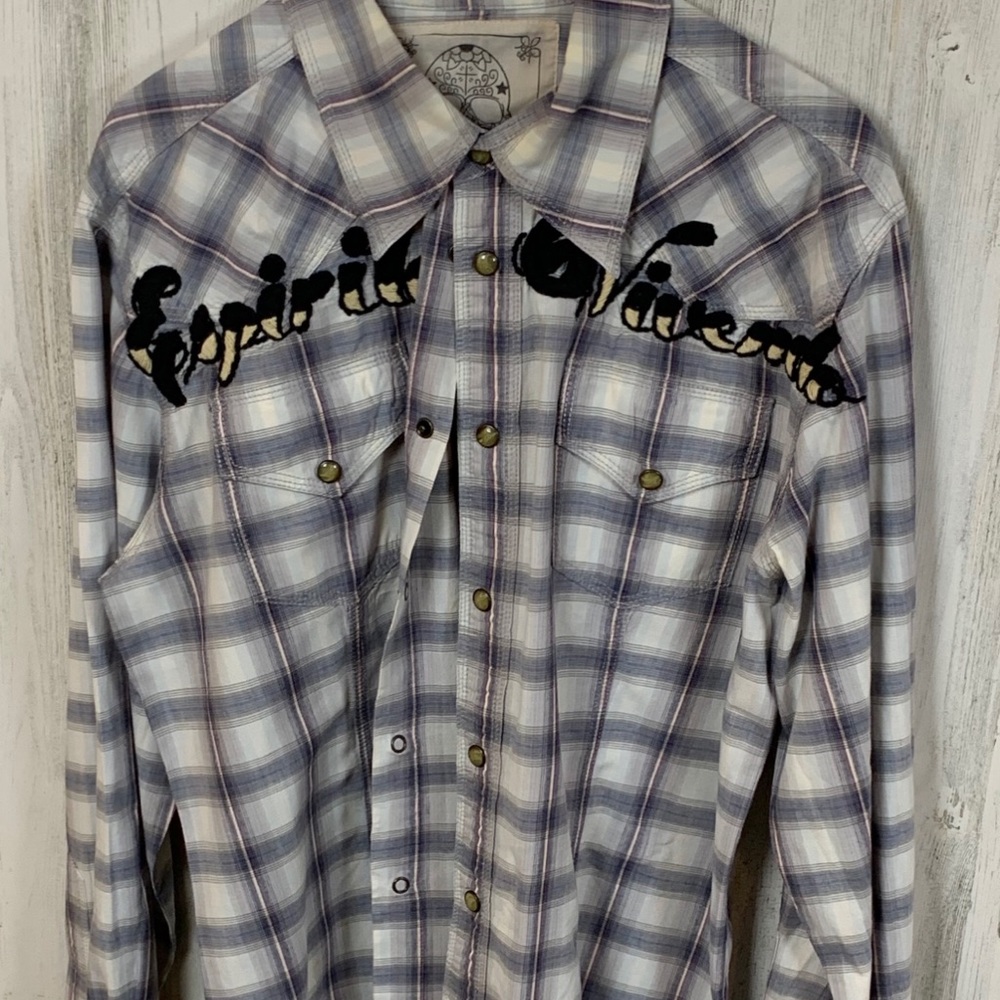 Gray and white plaid Joystick shirt.
